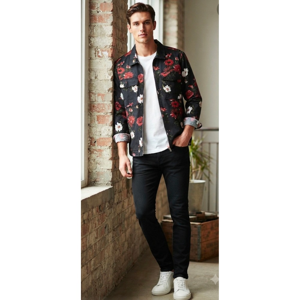 Denim & Flower Ricky Singh Mens Black Floral Full Zip Shirt Jacket Large
